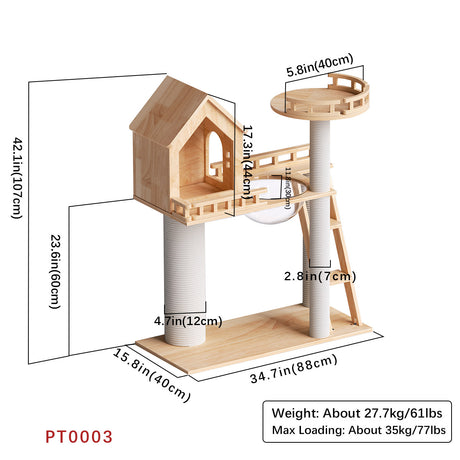 Árbol para gatos de madera de caucho, torre para gatos 88*40*107cm