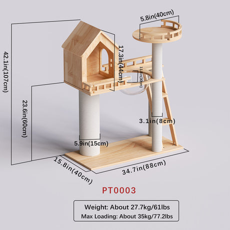 Rubberwood Cat Tree, Cat Tower 34.6''*15.7''*42''