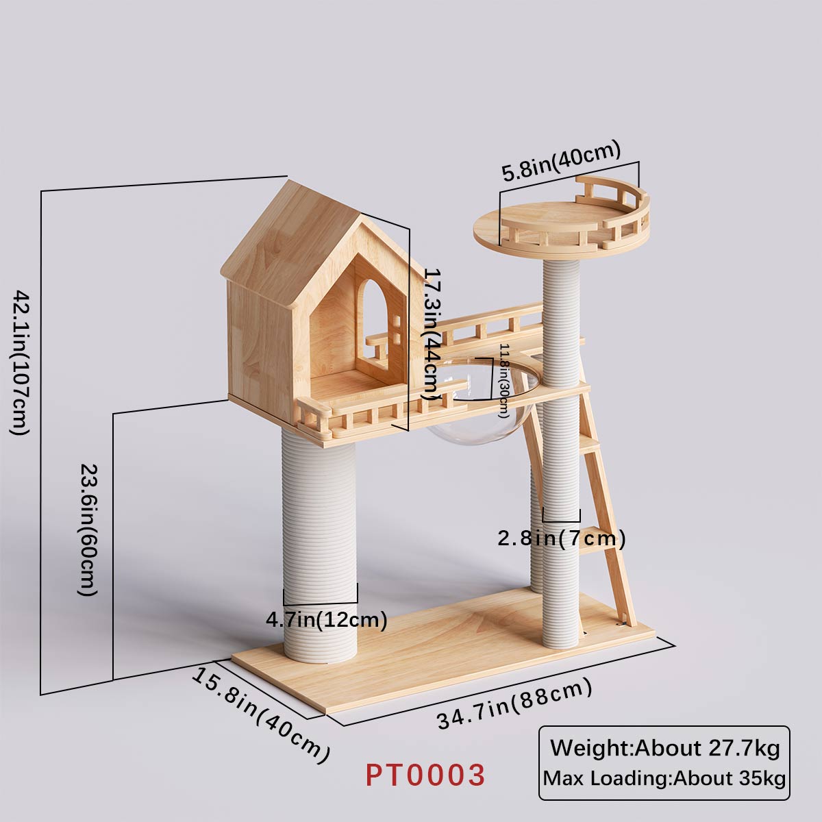 Árbol para gatos de madera de caucho, torre para gatos 88*40*107cm