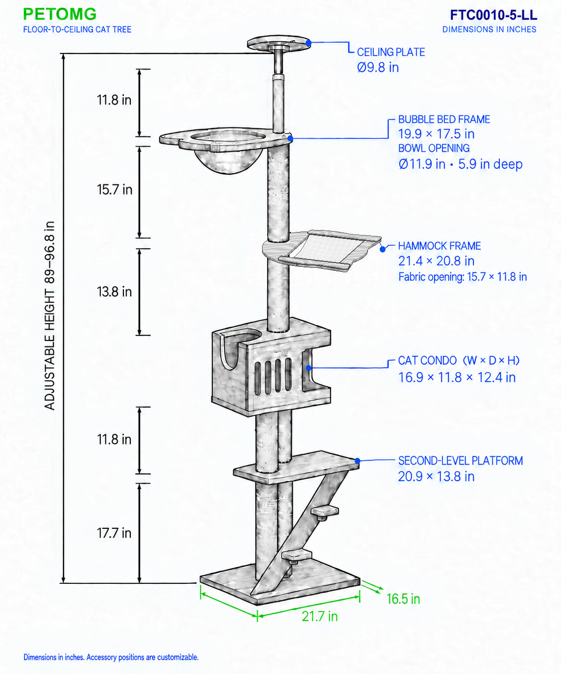 PETOMG Árbol para Gatos de Madera de Goma del Piso al Techo, sin Perforaciones, Altura Ajustable (230 cm - 280 cm)