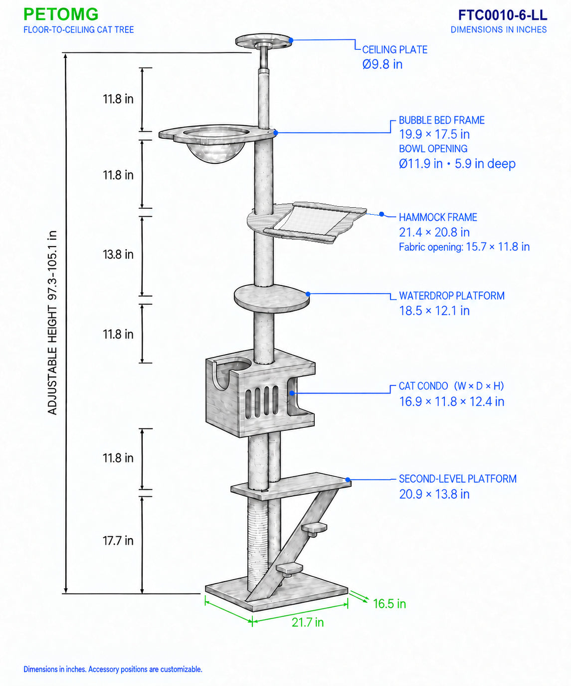 PETOMG Árbol para Gatos de Madera de Goma del Piso al Techo, sin Perforaciones, Altura Ajustable (230 cm - 280 cm)