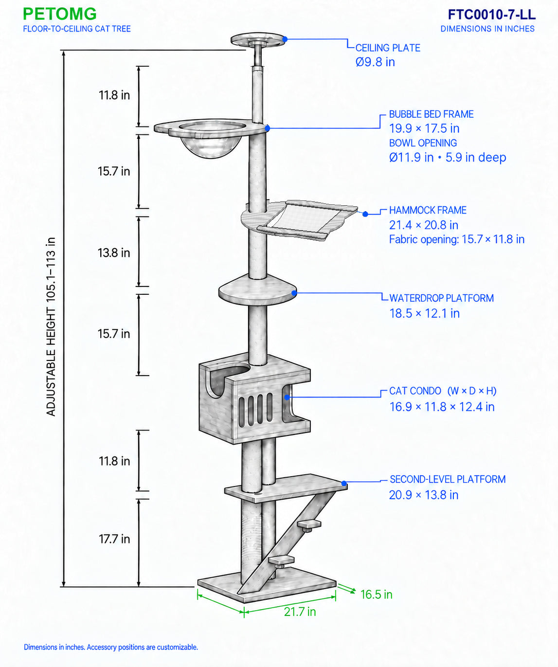 PETOMG Árbol para Gatos de Madera de Goma del Piso al Techo, sin Perforaciones, Altura Ajustable (230 cm - 280 cm)