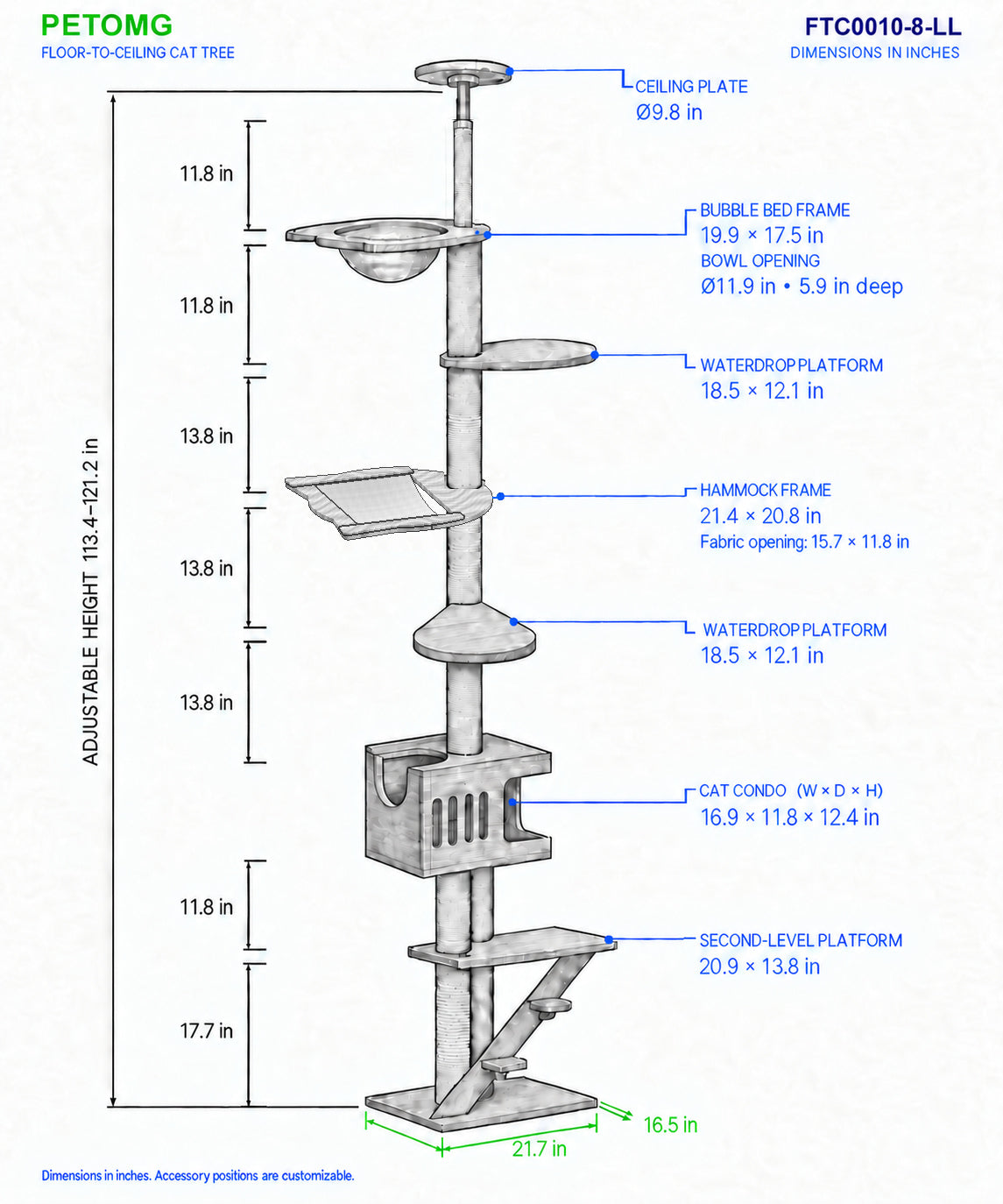PETOMG Árbol para Gatos de Madera de Goma del Piso al Techo, sin Perforaciones, Altura Ajustable (230 cm - 280 cm)