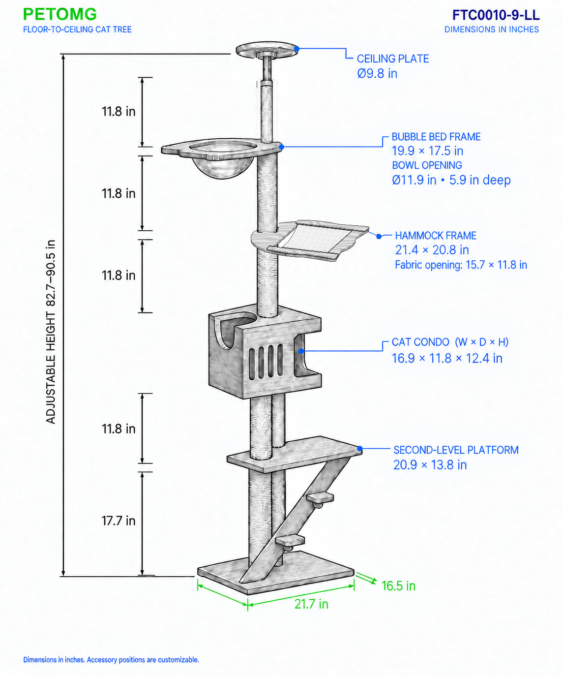 PETOMG Árbol para Gatos de Madera de Goma del Piso al Techo, sin Perforaciones, Altura Ajustable (230 cm - 280 cm)