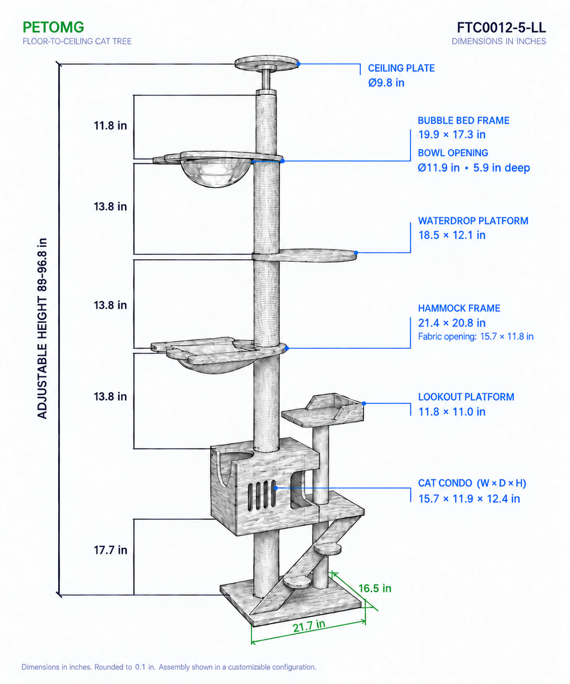 PETOMG Árbol para Gatos de Piso a Techo, Madera de Caucho, sin Perforaciones, Altura Ajustable (230 cm - 280 cm)