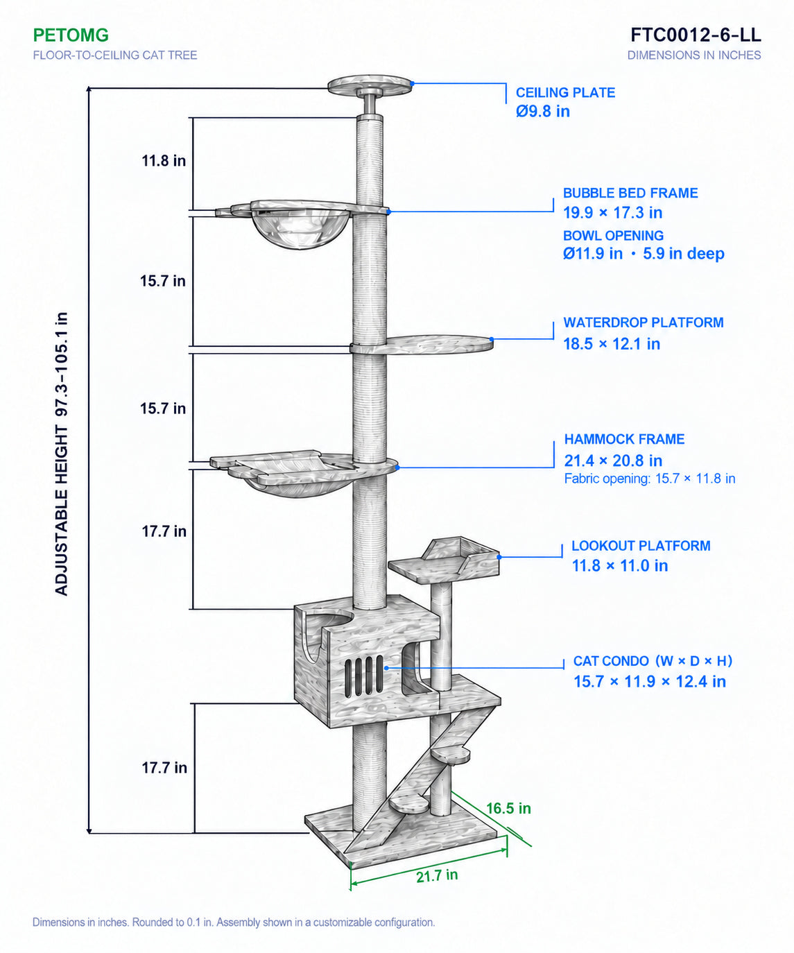 PETOMG Árbol para Gatos de Piso a Techo, Madera de Caucho, sin Perforaciones, Altura Ajustable (230 cm - 280 cm)