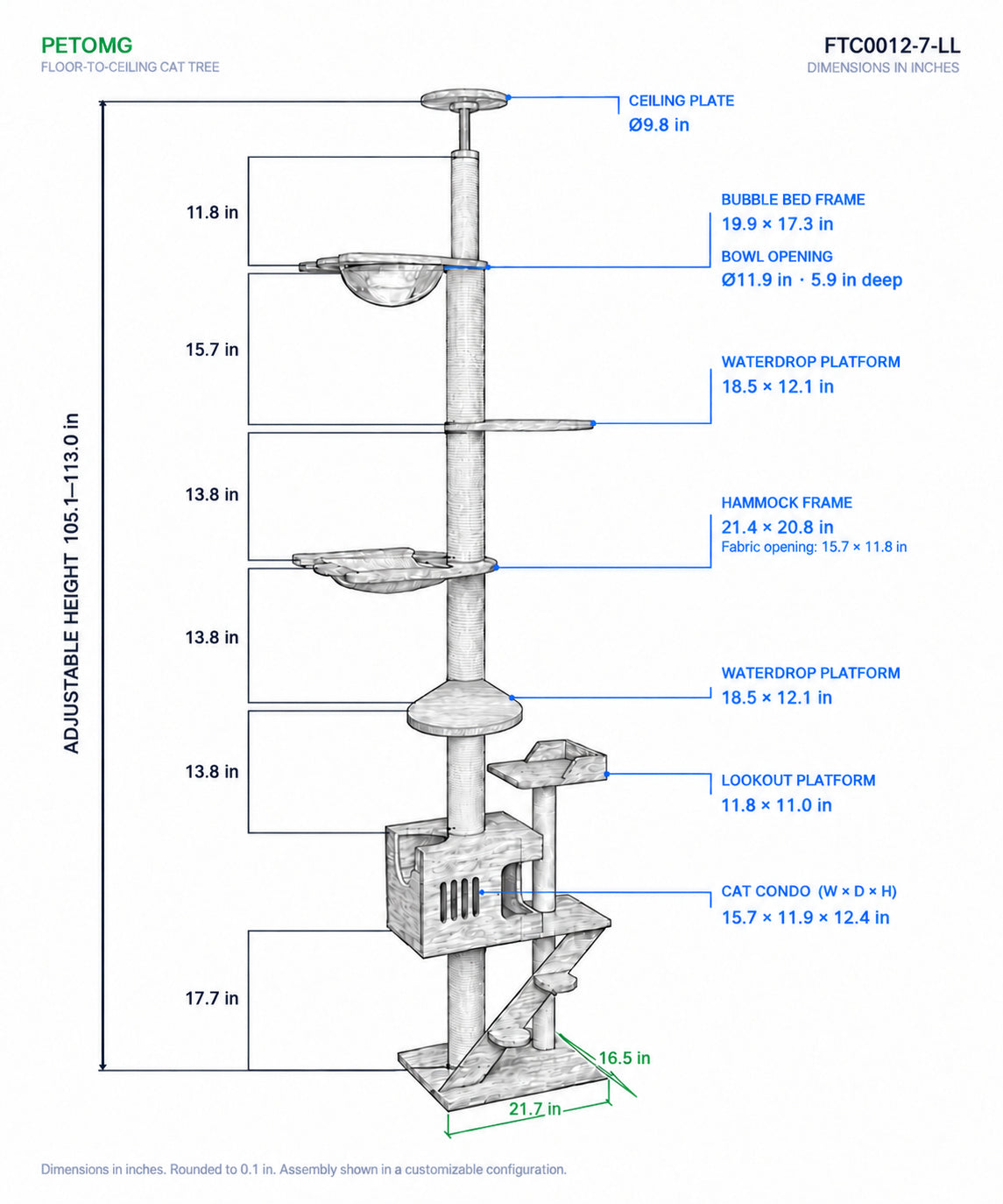PETOMG Árbol para Gatos de Piso a Techo, Madera de Caucho, sin Perforaciones, Altura Ajustable (230 cm - 280 cm)