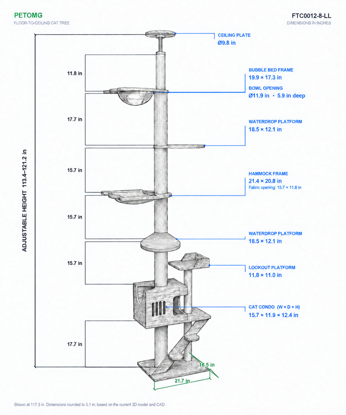 PETOMG Árbol para Gatos de Piso a Techo, Madera de Caucho, sin Perforaciones, Altura Ajustable (230 cm - 280 cm)