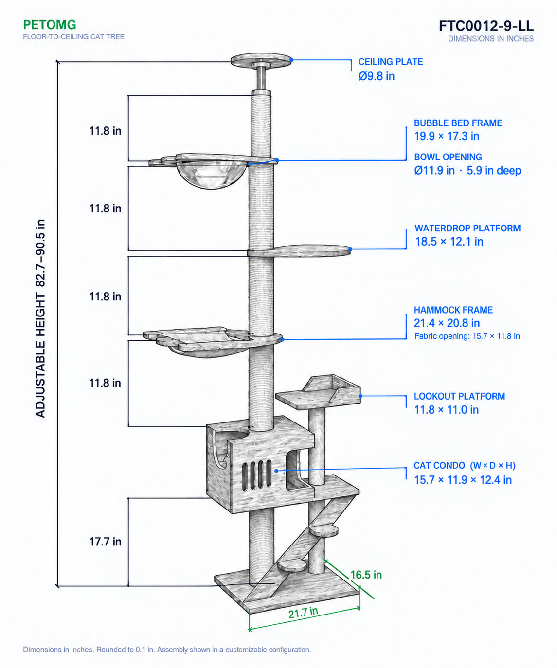 PETOMG Árbol para Gatos de Piso a Techo, Madera de Caucho, sin Perforaciones, Altura Ajustable (230 cm - 280 cm)