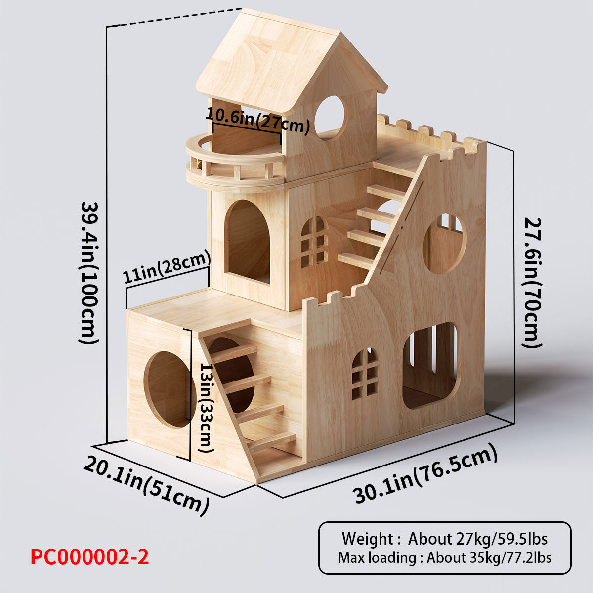 Rubberwood Cat House, Cat Condo (Castle Style) 30.1''*20''*39.4''