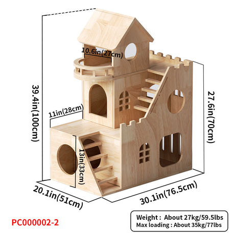 Casa para gatos de madera de caucho, condominio para gatos (estilo castillo) 76,5*51*100 cm