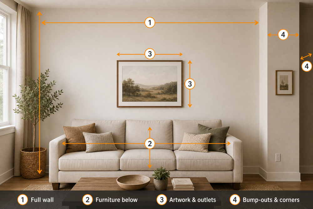 Example wall photo with measurements and obstacles