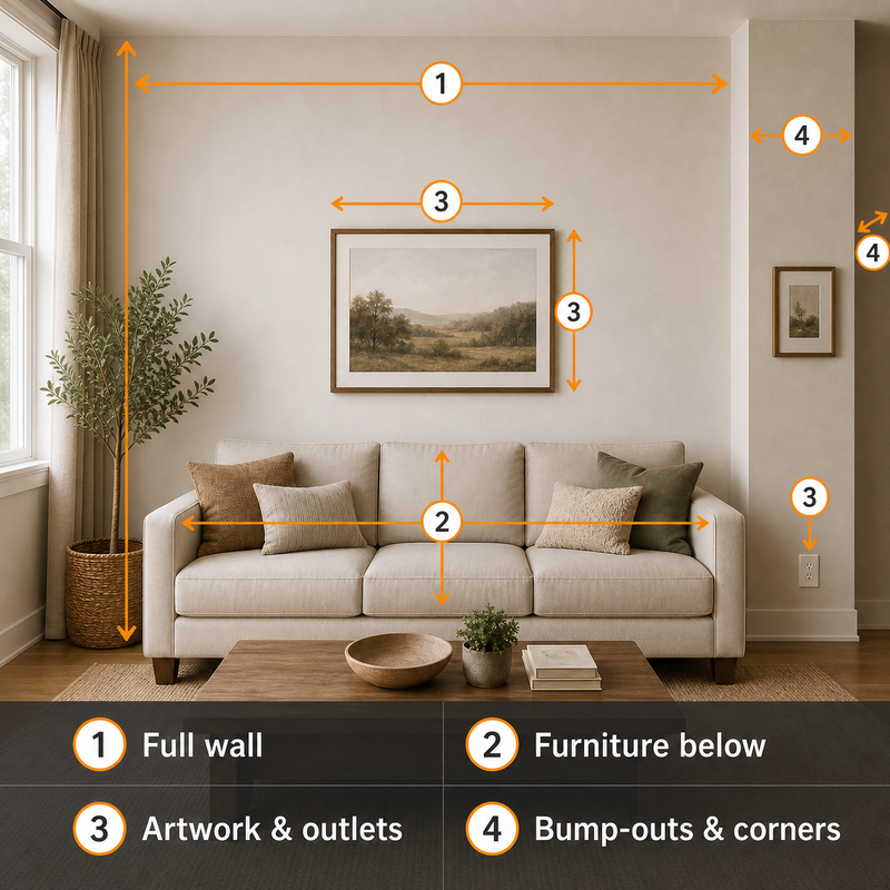 Example wall photo with measurements and obstacles