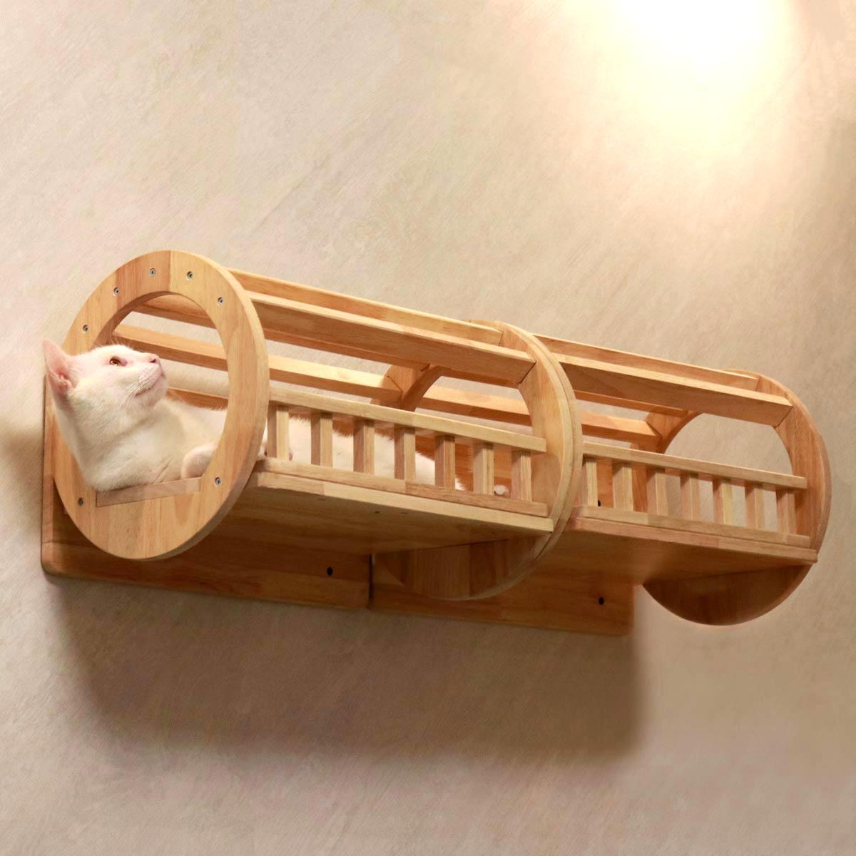 Modular Wall Cat Tunnel | Open Cat Shelf | Rubberwood Cat Wall Furniture