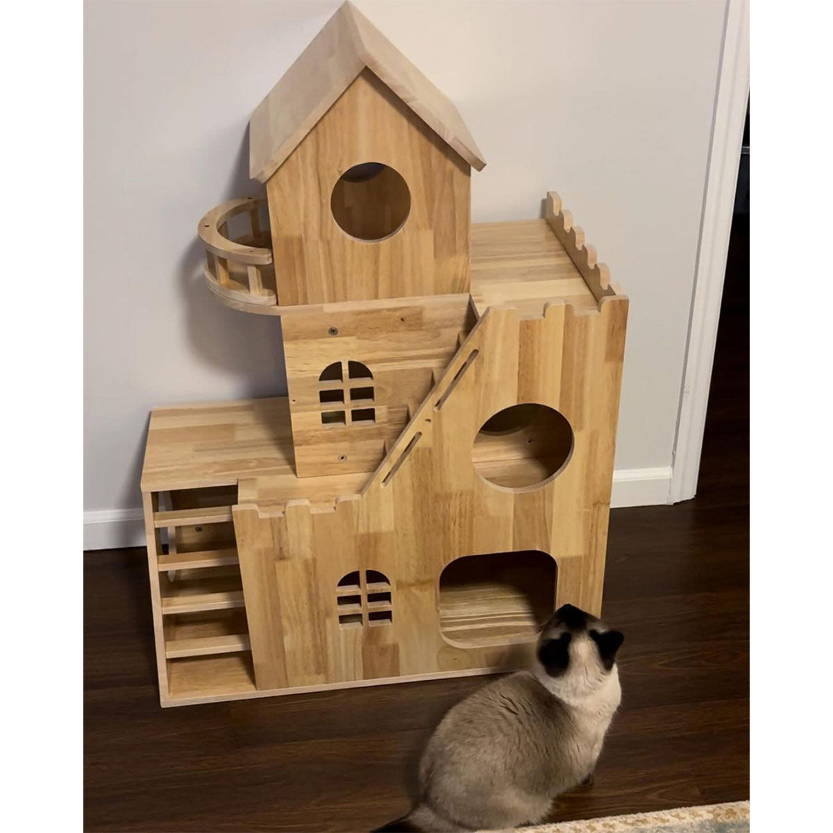 Rubberwood Cat House Cat Condo Castle Style 30.1 20 39.4 Petomg