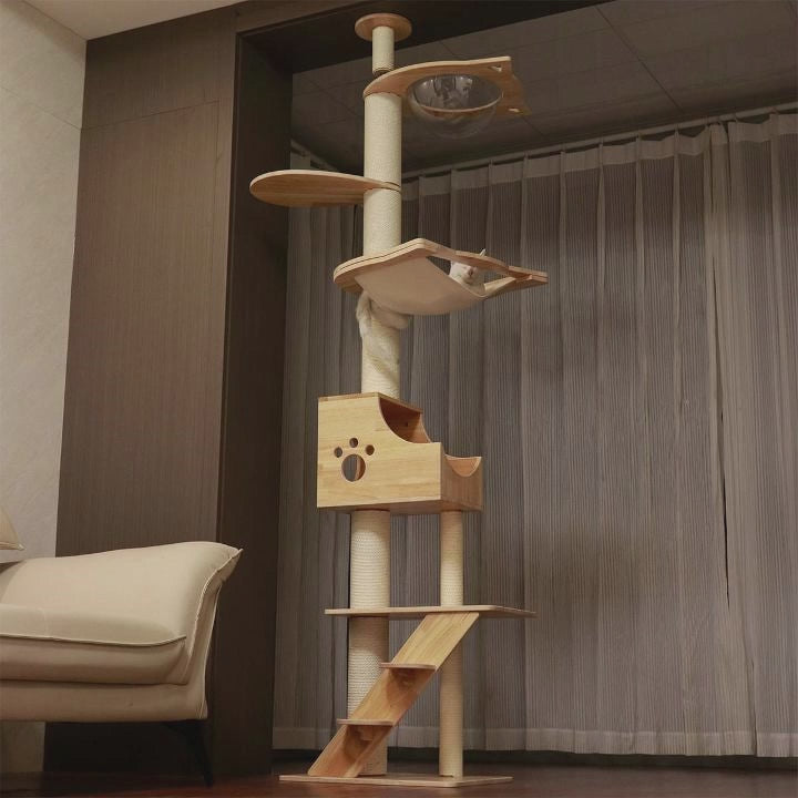 PETOMG Rubber Wood Floor to Ceiling Cat Tree, No Drilling, Adjustable Height(90.6'' - 110.2'')