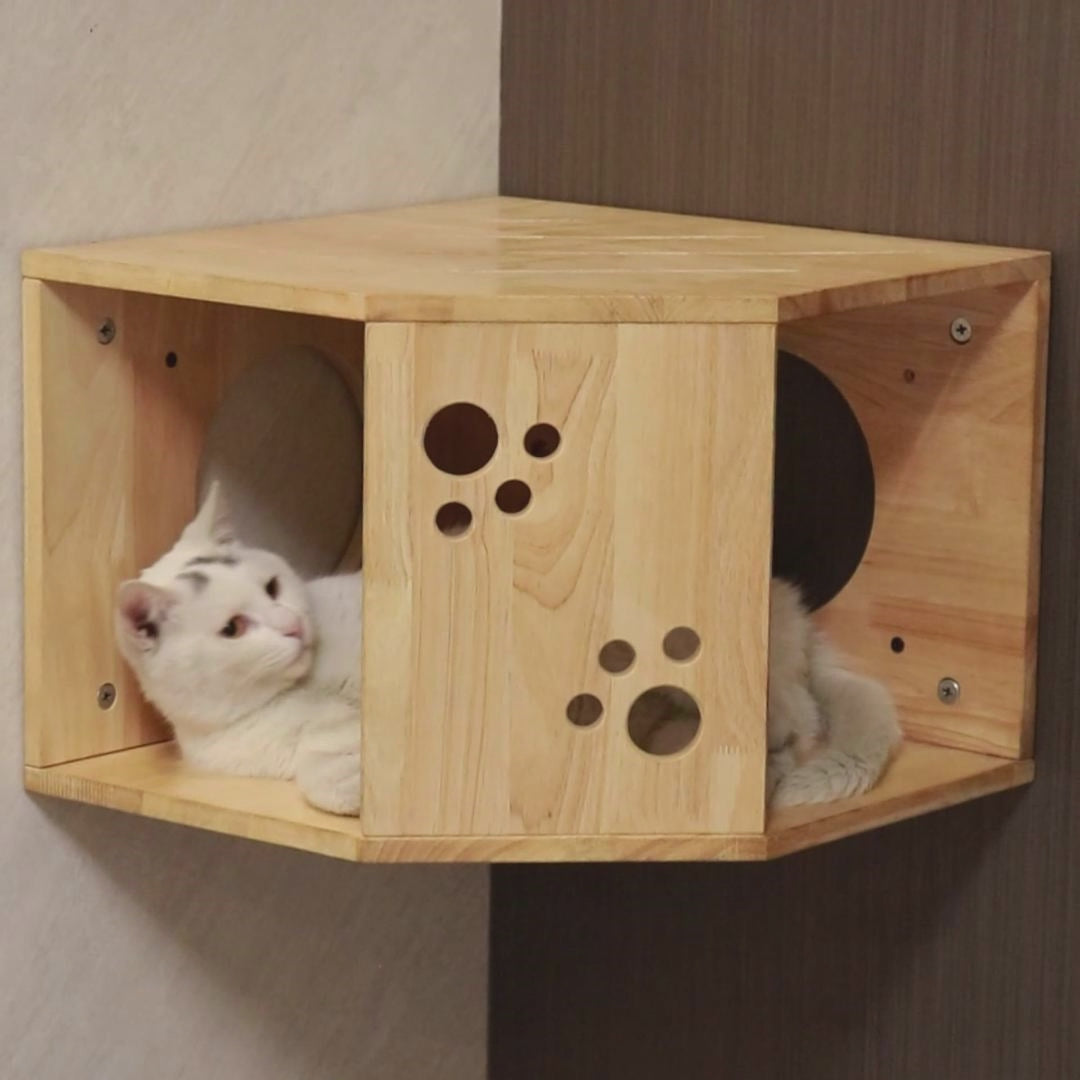 PETOMG Casa para gatos montada en la pared, estante para gatos, percha para gatos | Madera de caucho