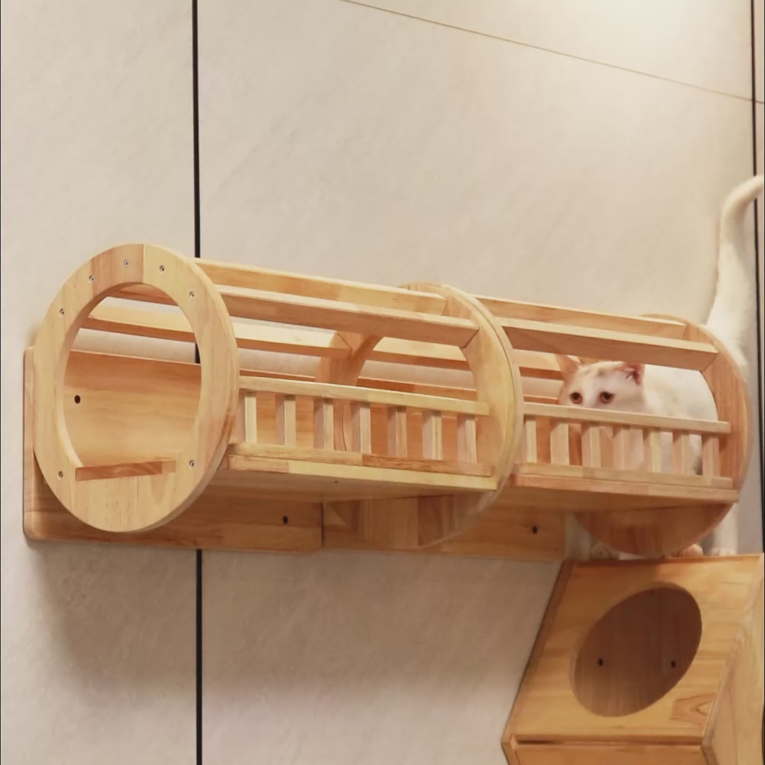 Modular Wall Cat Tunnel | Open Cat Shelf | Rubberwood Cat Wall Furniture