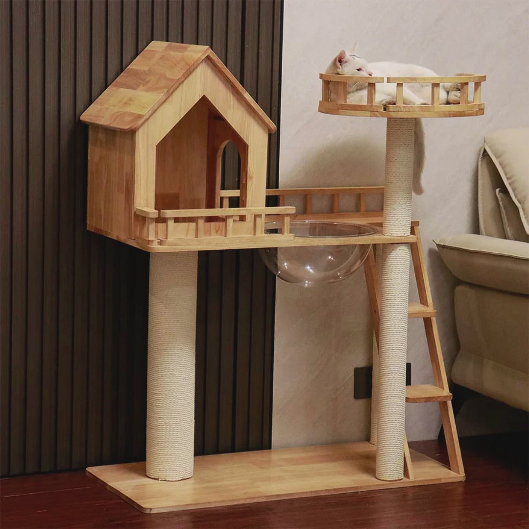 Rubberwood Cat Tree, Cat Tower 34.6''*15.7''*42''