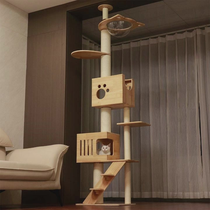 PETOMG Ceiling to Floor Cat Tree, Rubber Wood, No Drilling, Adjustable Height (90.6'' - 110.2'')