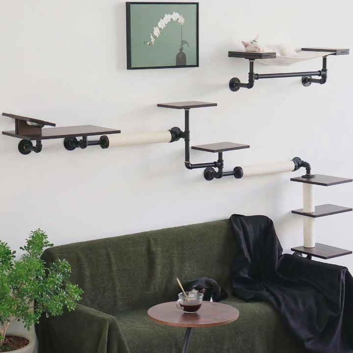 Cat Wall Shelves | Modern Industrial Style | Smoked Rubberwood | Sturdy and Stable