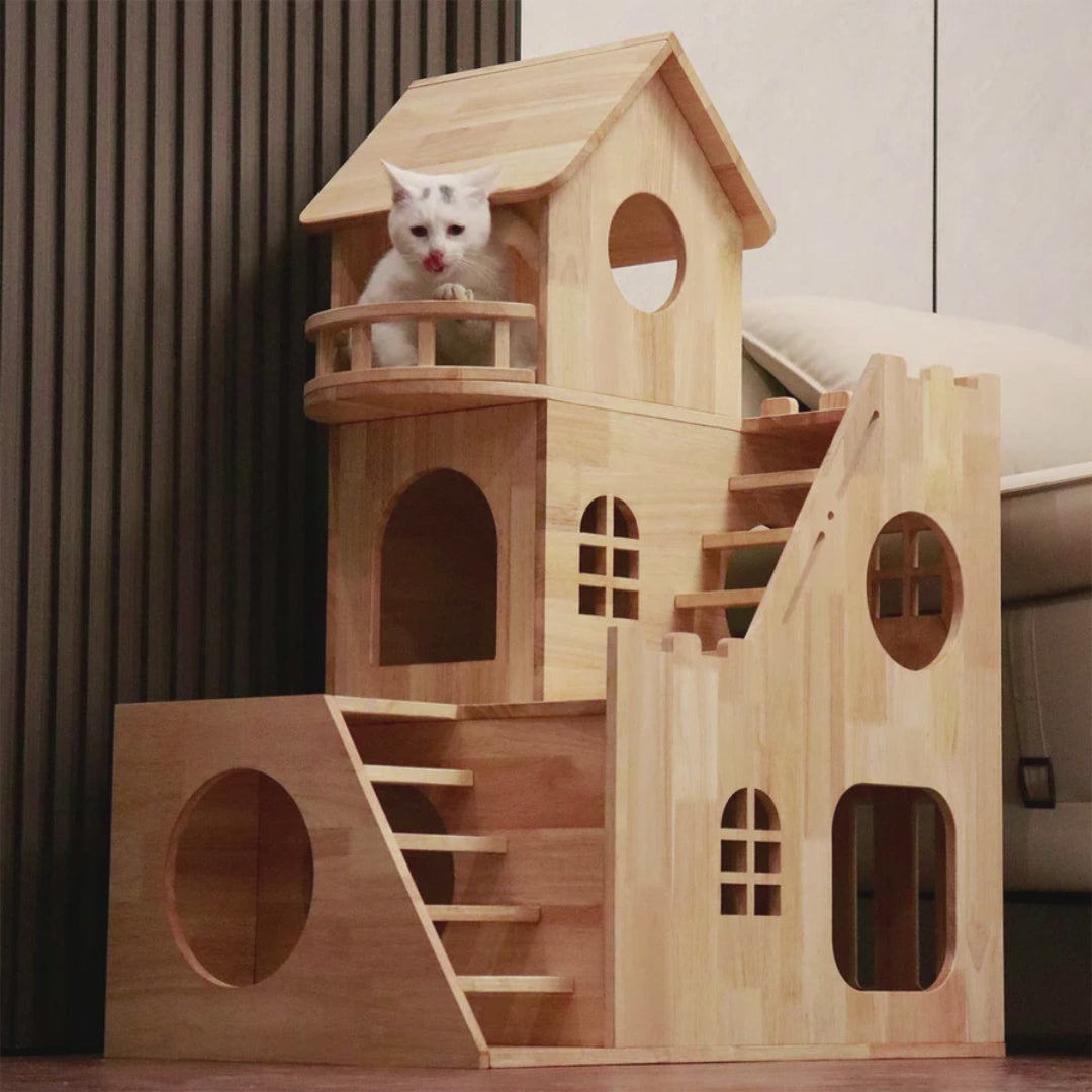 Casa para gatos de madera de caucho, condominio para gatos (estilo castillo) 76,5*51*100 cm