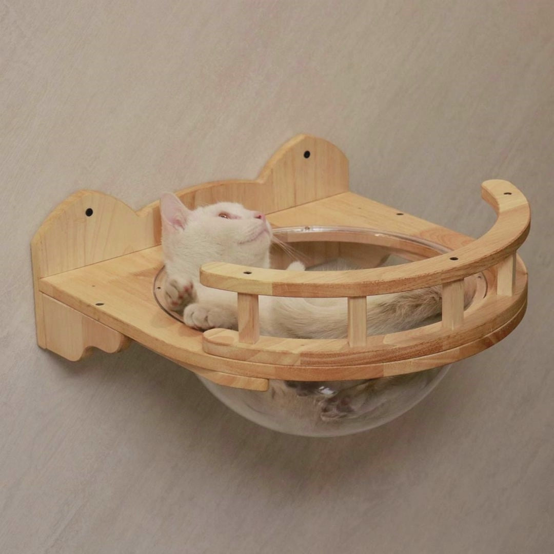 PETOMG Percha para gatos, cápsula espacial para gatos, muebles de cama para gatos, montado en la pared para gatos | Madera de caucho