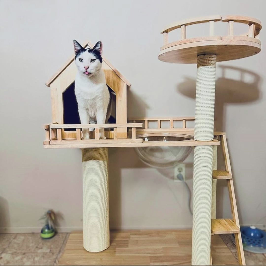 Rubberwood Cat Tree, Cat Tower 34.6''*15.7''*42''