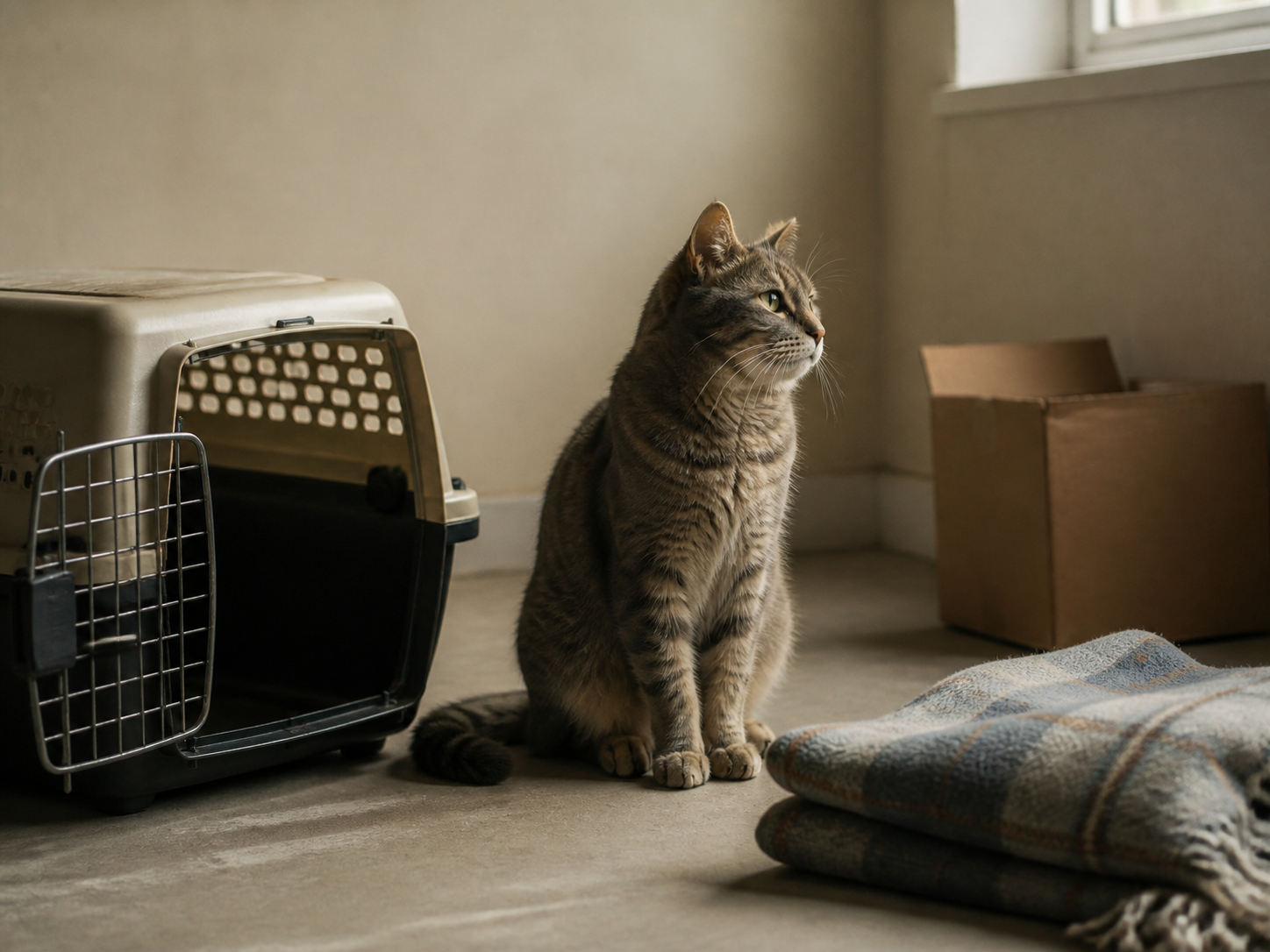A cat in a temporary home beside a carrier and blanket
