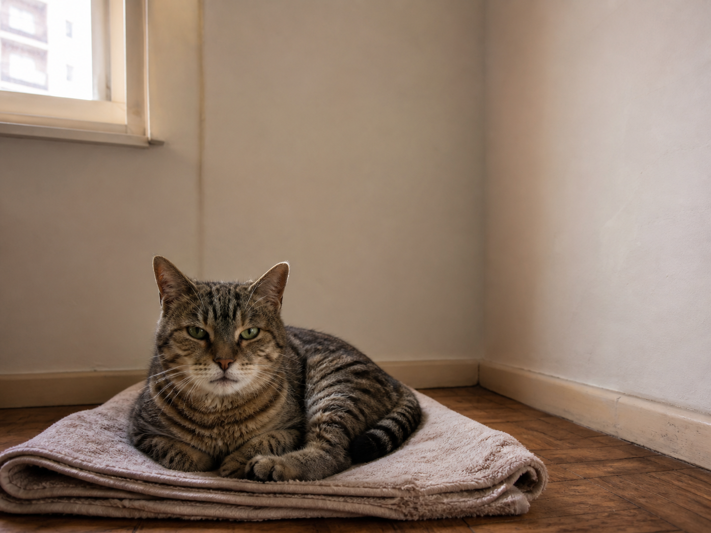An older cat resting in a modest, quiet home